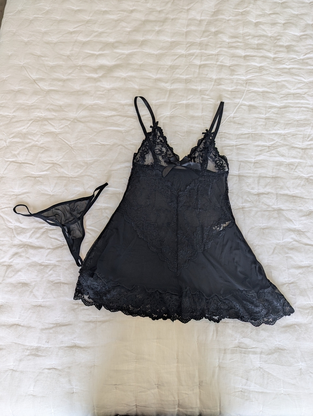 Real Lingerie Black Sheer Lace Babydoll Set Size Small w/ Thong Adjustable Strap